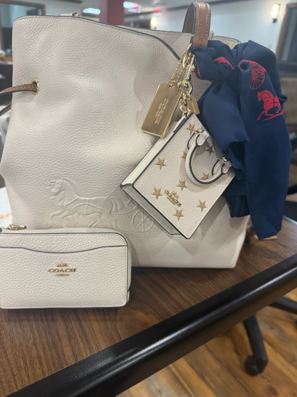 Coach auth bag, wallet, charm & CELINE scarf. Cream & brown 2023 4 bundle price